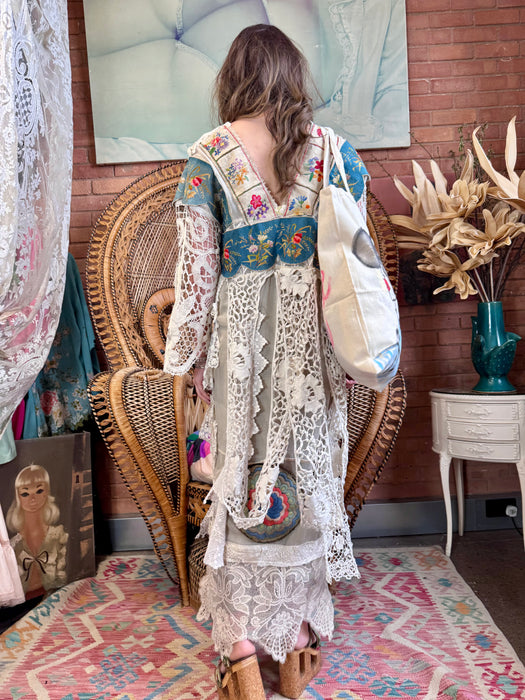 Joyce, reworked antique lace and needlepoint coat