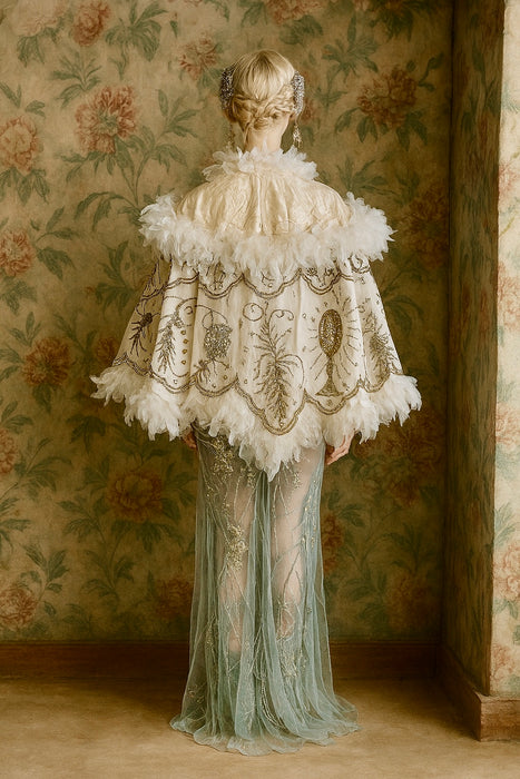 Ornella, reworked 30s cream feather cape with silver antique beading