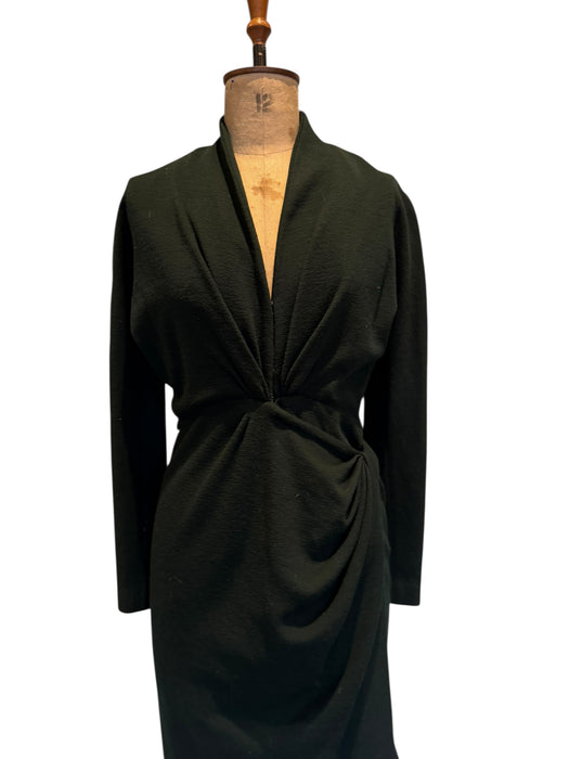 Donna Karen, Y2K bottle green wool draped wrap over dress