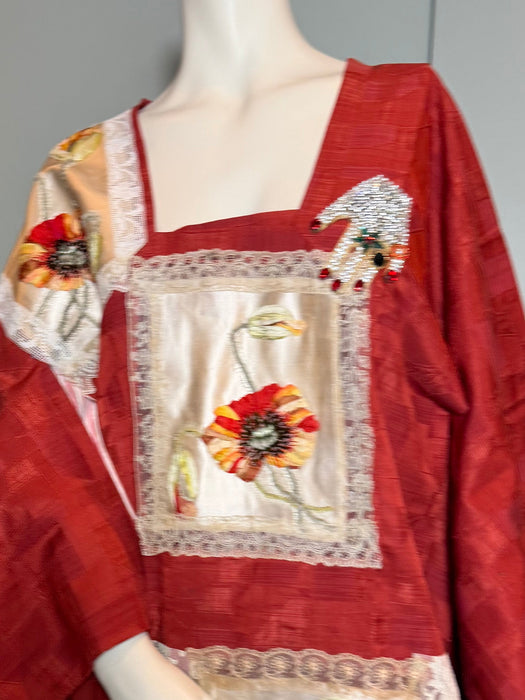 Tales, 40s a Japanese silk damask burnt orange kimono jacket with Victorian floral and lace motifs