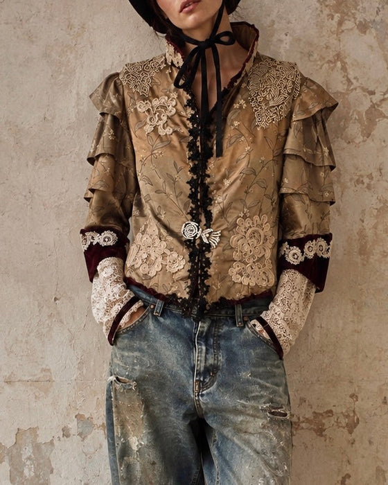 Carlotta, reworked Victorian silk damask and lace boned beaded jacket