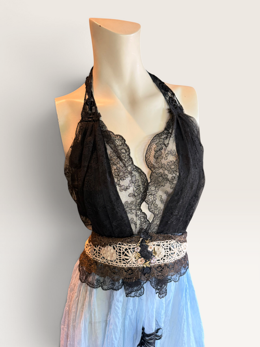 Portia, hand dyed Victorian pale blue cotton and black Chantilly lace dress