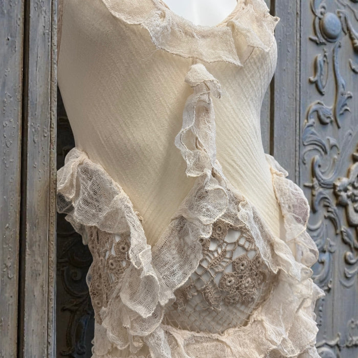 Darcy, vintage muslin and crochet tiered asymmetric dress