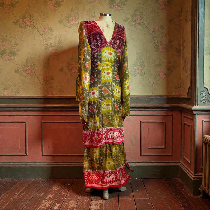 Thea Porter, Couture 70s silk print angel sleeve tiered dress
