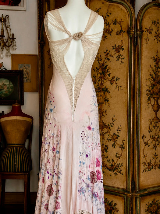 Daria, reworked bias cut cream piano shawl embroidered fringed dress