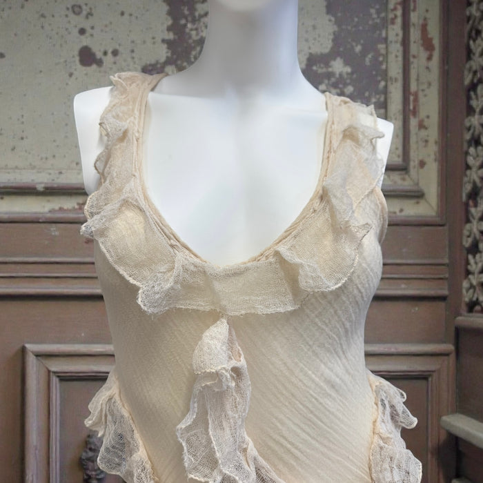 Darcy, vintage muslin and crochet tiered asymmetric dress