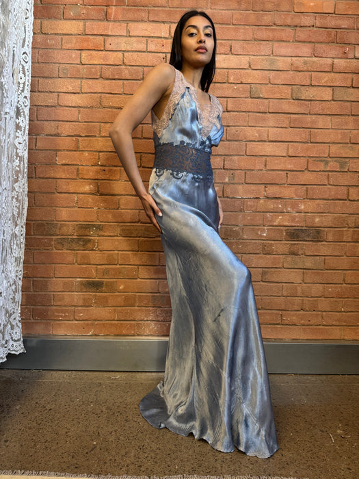 Azure, 20s bias cut hand dyed dress with lace detail