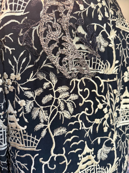 Pagoda, 1930s Chinese embroidered silk jacket with metallic gold embroidery