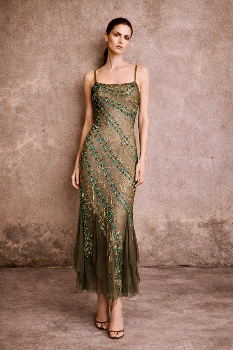 Tory, 90s beaded kaki green bias cut chiffon handkerchief dress
