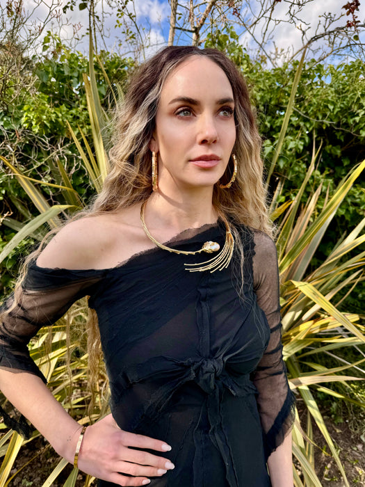 Stevie, 30s black net assymetric pleated gown
