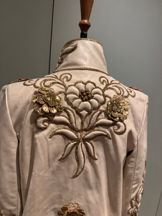 Jean-Louis Sherrer, 80s couture lather nappa cream leather jacket with gold thread quilted embroidery