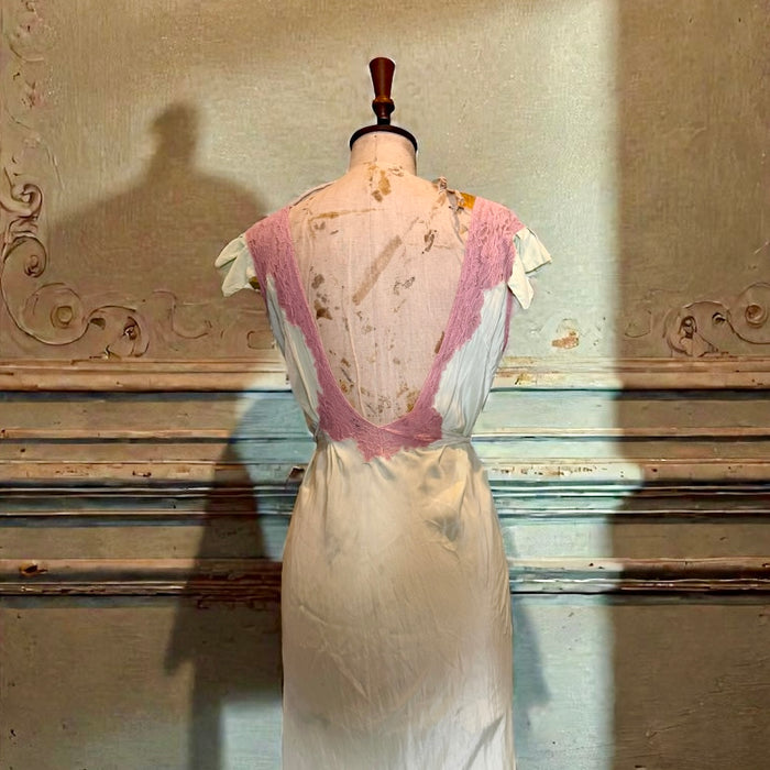 Apoline, 30s bias cut mint green and pink lace silk slip dress