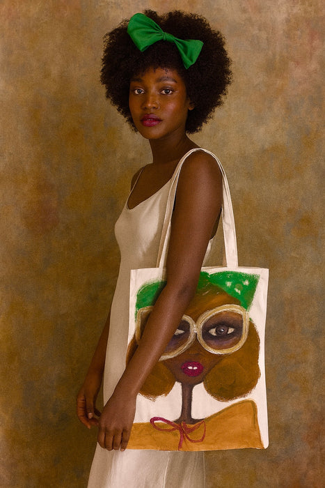 One Vintage hand painted recycled hemp tote bag