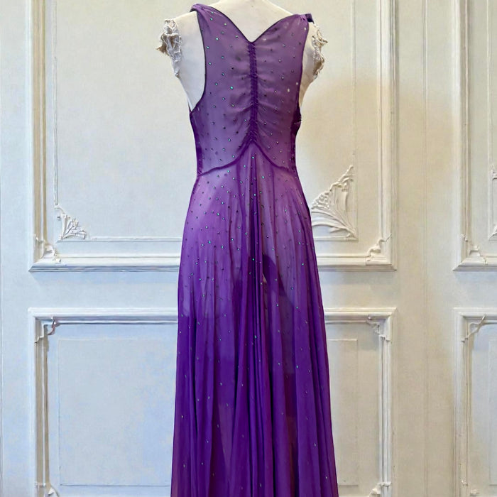 Dusty, 30s purple chiffon dress with green rhinestone and beaded front