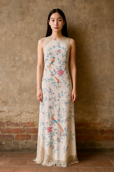 Belen, reworked 1940s floral Oriental embroidered shawl dress