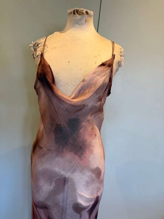 Monique, 90s antique pink hand dyed silk chiffon bias cut sheer dress