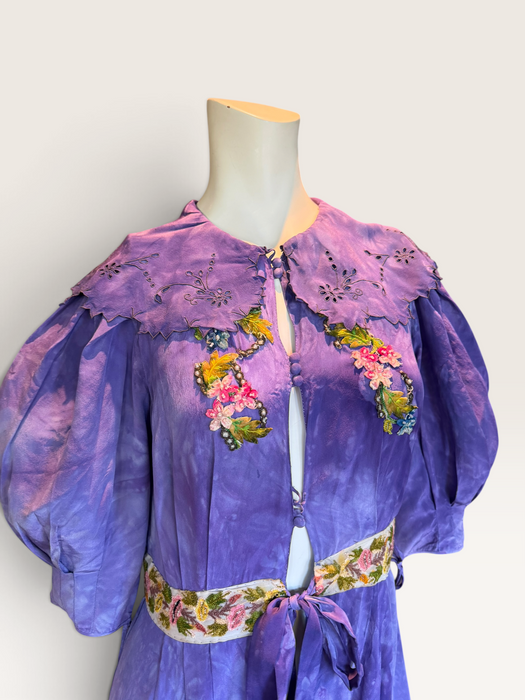 Hyacinth, 30s hand dyed silk robe with Edwardian ribbon florals