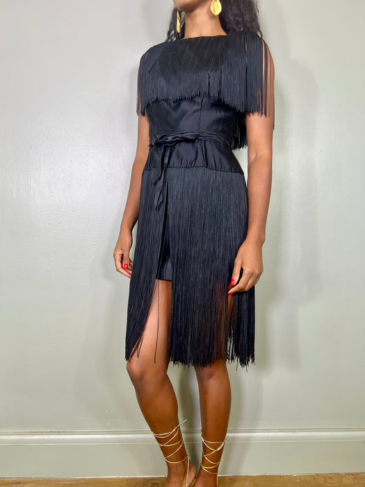 Talia, 40s black fringed silk dress