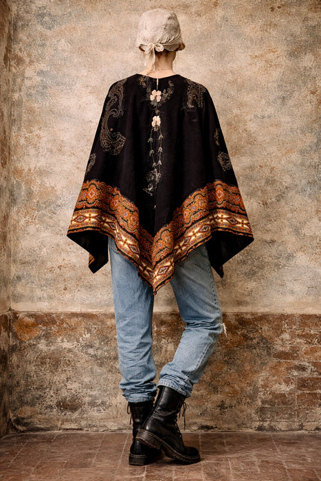 Marina, 70s paisley wool cape with 20s beading and floral embroidery