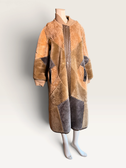 Tilly, 1980s reversible sheepskin and suede patchwork coat