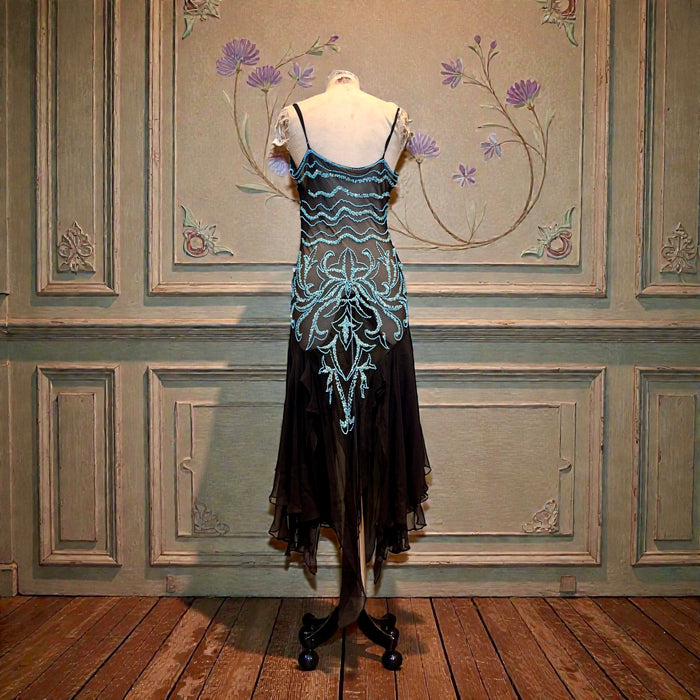 Fabia, 90s silk chiffon turquoise beaded dress