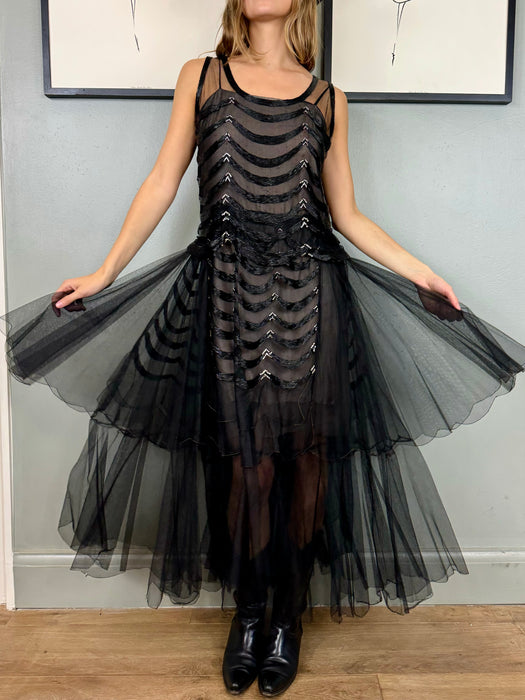 Jasmine, 30s black net and beaded dress