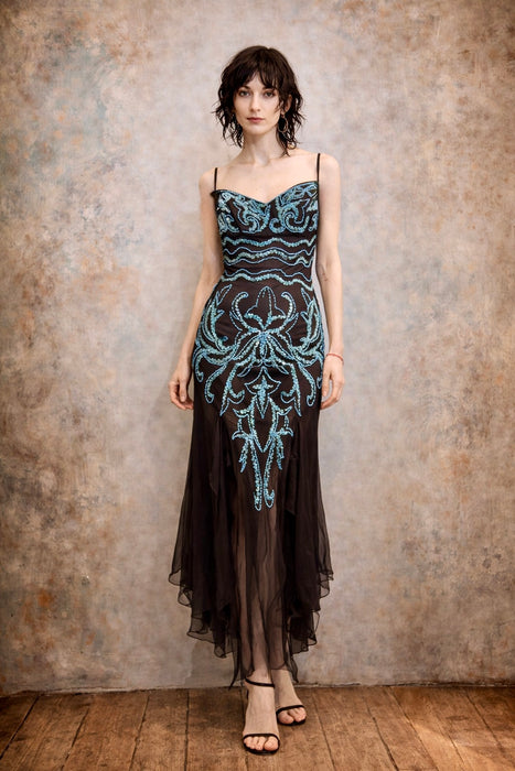Fabia, 90s silk chiffon turquoise beaded dress