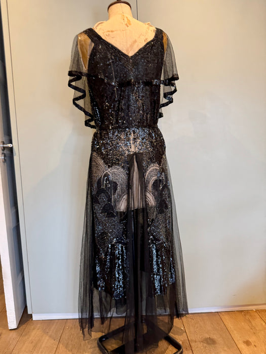 Megan, original 20s black sequins and net dress dress with beaded belt