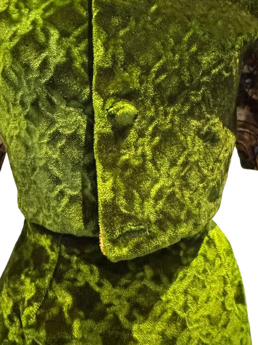 Olivia, reworked Edwardian olive green floral velour skirt and jacket