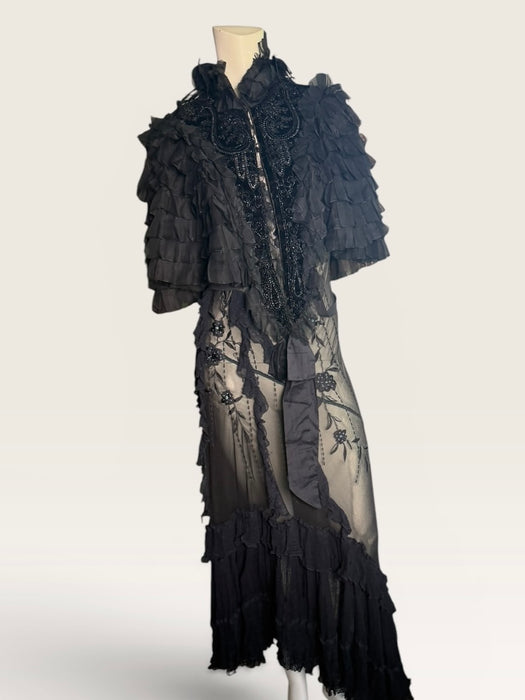 Elma, Victorian black silk ruffled cape with velour jet beaded collar