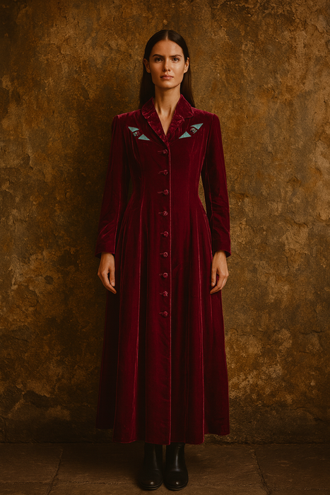 Michéle Pernetta, 80s burgundy velour cat eye long coat