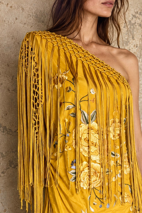 Magnolia, vintage floral silk embroidered piano shawl fringed, draped dress