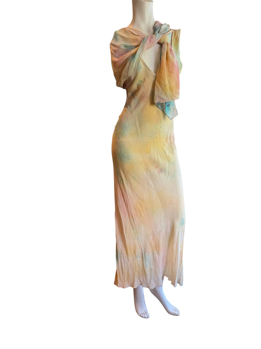 Aline, hand dyed 30s silk bias cut dress with attached belt/cape