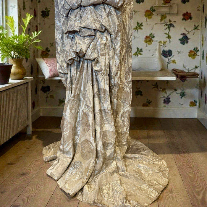 Monica, 20s silver floral lamé dress with bustle train