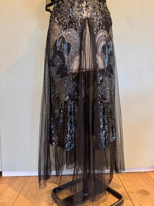 Megan, original 20s black sequins and net dress dress with beaded belt