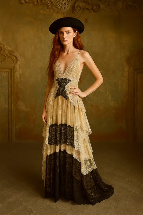 Abigail, reworked antique lace and chiffon tiered dress