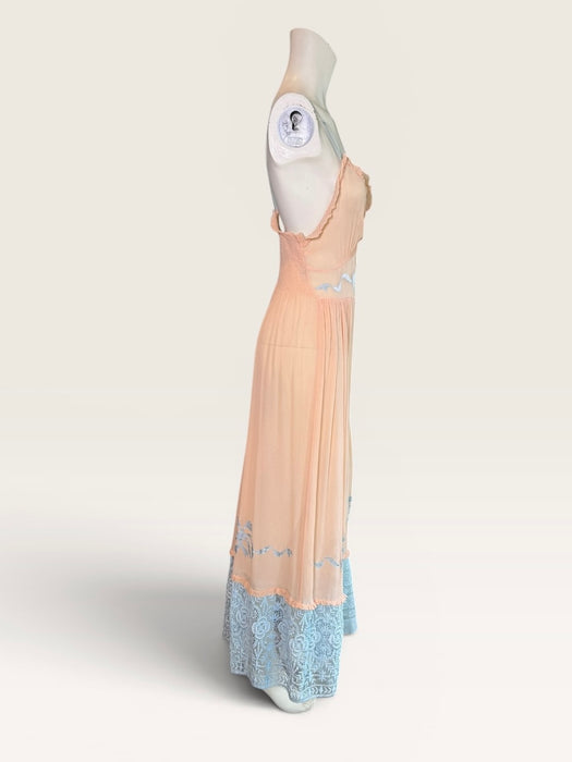 Estelle, 1930s pink and blue silk and lace smocked dress