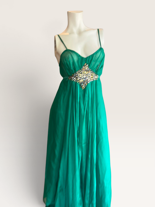Tori, 90s emerald green silk chiffon Goddess dreamed beaded dress