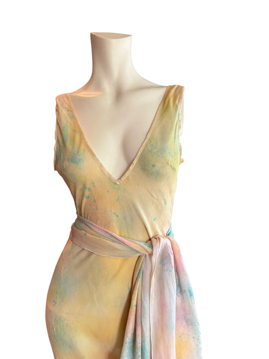 Aline, hand dyed 30s silk bias cut dress with attached belt/cape