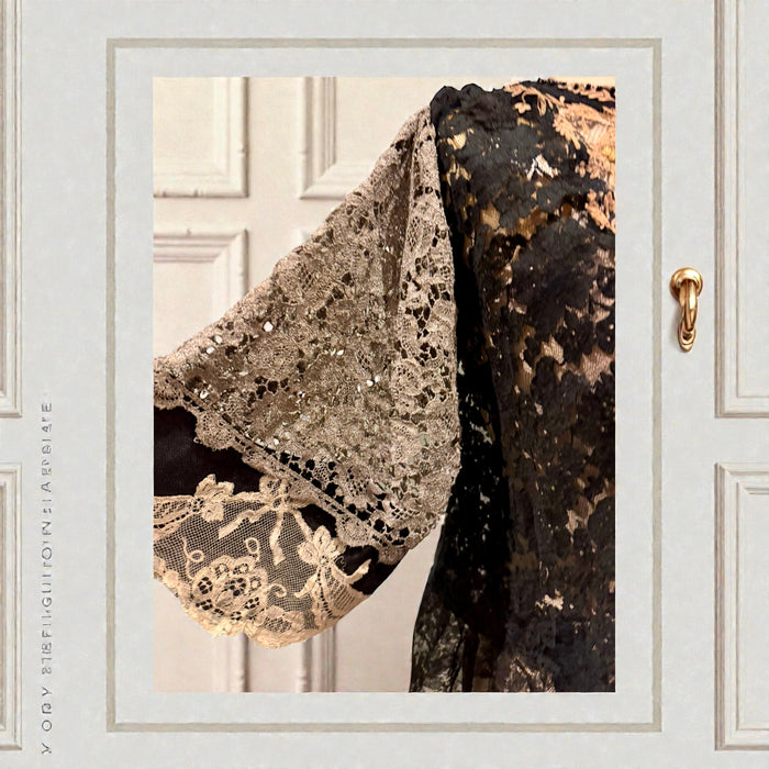 Calli, reworked 20s black lace and silver lamé top with 20s floral beading