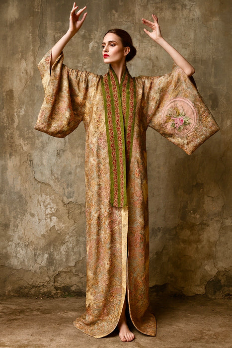 Moana, reworked 40s silk patchwork and hand painted velour long kimono