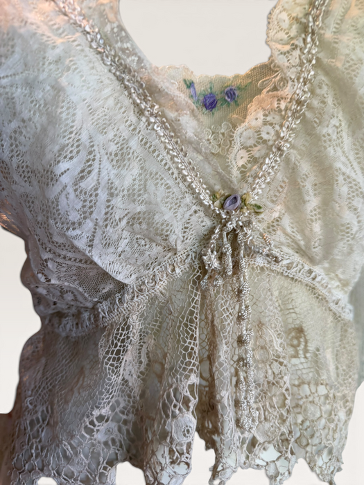 Medina, reworked 30s long sleeved French lace blouse with ribbon florals