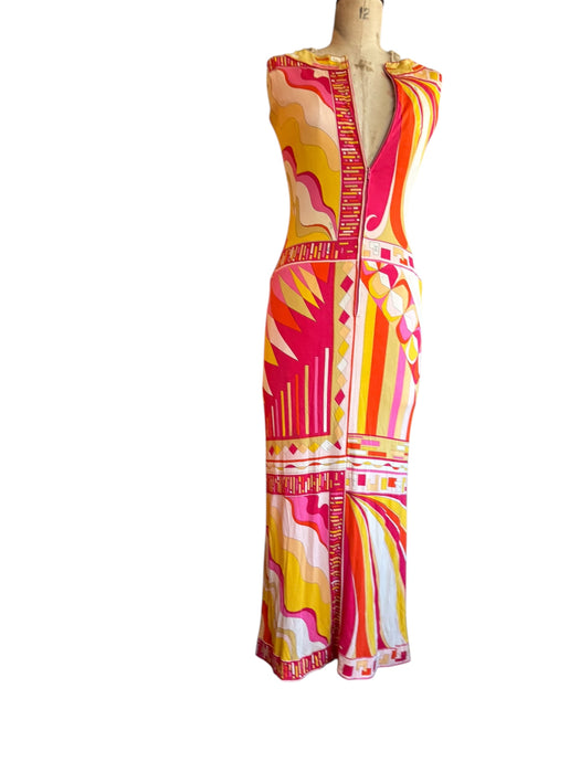 Pucci, 70s documented silk jersey print long dress with front zip