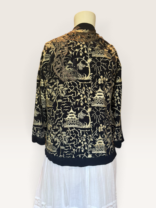 Pagoda, 1930s Chinese embroidered silk jacket with metallic gold embroidery