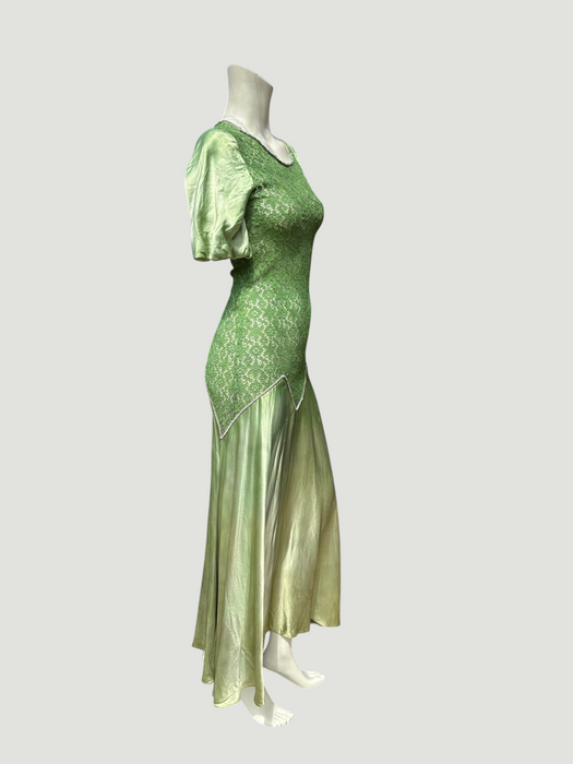 Astrid, 1930s silk and lace green hand dyed bias cut dress with rhinestone details