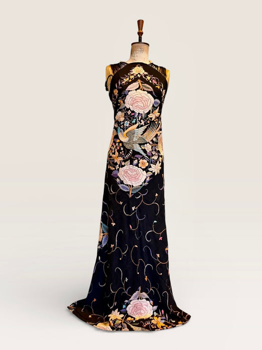 Angel, reworked 30s silk embroidered piano shawl bias cut dress