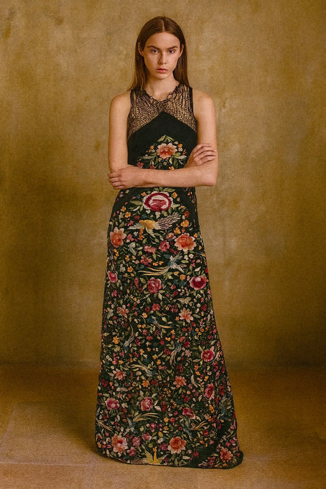 Avens, 40s reworked floral embroidered fringed scarf dress