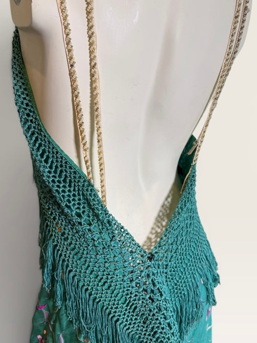 Dora, reworked 1940s silk embroidered fringed piano shawl dress