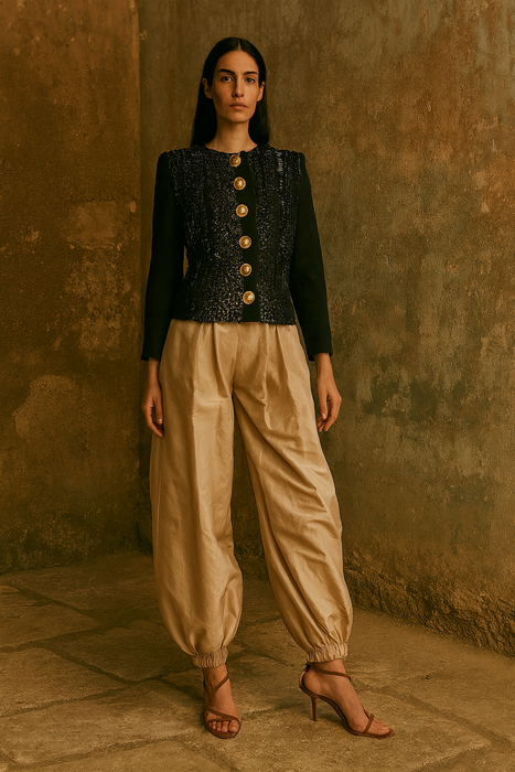 Kooki, 80s fitted silk brocade jacket with 20s jet beading