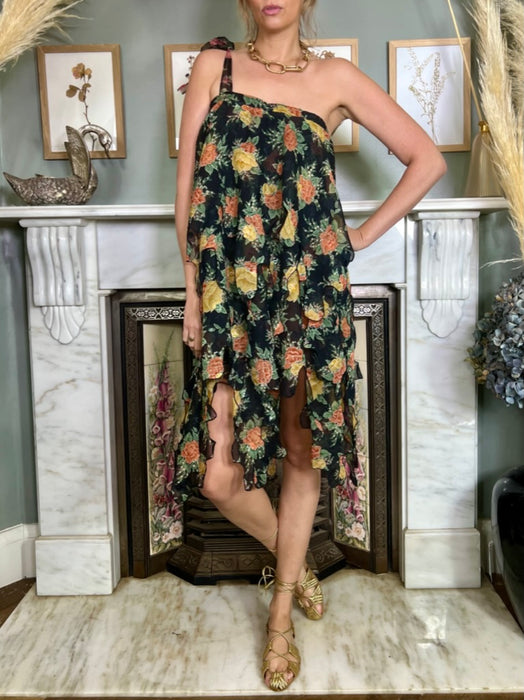 Olsen 70s floral tiered one shoulder dress